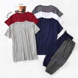 Japanse lente en zomer heren pyjama's pak modale viscose fiber korte mouwen broek losse grote maat casual huisslijtage 210812