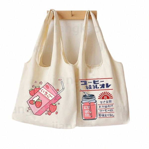 Sac fourre-tout Style fraise japonais, sacs à bandoulière en toile pour filles, sac à main de voyage Harajuku, sac de livre imprimé pêche, sacs de boutique écologique E288 #