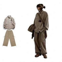 Conjunto de calle japonés Hombres Mujeres Vintage Multi-Bolsillo Gamuza Camisa holgada + Casual Pierna recta Pierna ancha Pantalón cargo Unisex Traje simple 70Kz #