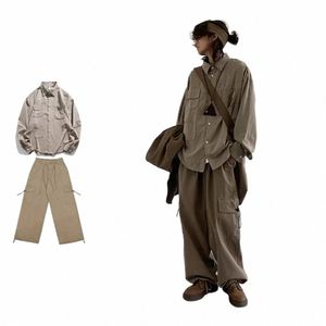 Japonais Street Set Hommes Femmes Vintage Multi-poches Daim Baggy Chemise + Casual Jambe Droite Large Pantalon Cargo Unisexe Simple Costume 70Kz #