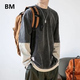 Streetwear japonais faux deux sweats mode col rond pull ample hommes vêtements haut Harajuku Hip Hop vêtements décontractés 240131