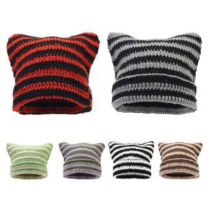 Japanse Streetwear Harajuku Beanie Kleine Duivel Gestreepte Gebreide Muts Vrouwen Mannen Herfst Winter Leuke Kat Oren Cap Puntige Wol 240123