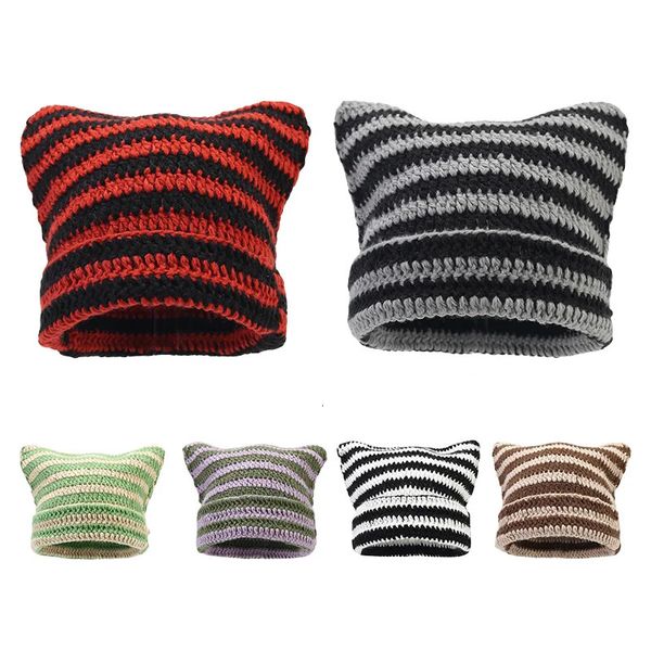 Ropa informal japonesa Harajuku Beanie Little Devil Gorro de punto a rayas Mujeres Hombres Otoño Invierno Lindo Gorro con orejas de gato Lana puntiaguda 240123