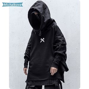 Japonais Streetwear Homme Hoodies Hip Hop Brodé Pull Patchwork Faux Deux Darkwear Tops Techwear Hoodies michalkova 201128