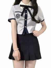 Japanse Student JK Schooluniform Zomer Zoete Kawaii Uniform Set Vintage Schattige Meisjes Marineblauw Shirt en Mini Plooirok Set K0Z7 #