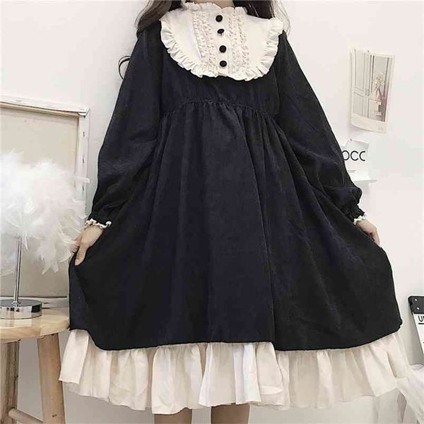 Estilo japonés Otoño Vestidos de mujer O-cuello Cintura alta Adelgazante Contraste Color con volantes Dulce Vestido de lolita Kawaii Ropa 210623