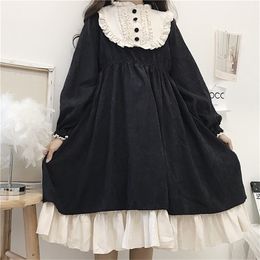 Robes d'automne de Style japonais pour femmes, col rond, taille haute, amincissante, couleur contrastée, à volants, robe Lolita douce, vêtements Kawaii 220811