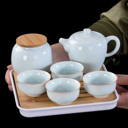 Estilo japonés de cerámica negra viga de tetera juego de té una olla cuatro tazas con bolsa kungfu té casero de té de té de viaje buenos regalos