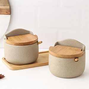 Pot d'assaisonnement en céramique de style japonais Couvercle en bambou Pot à épices avec cuillère Cuisine Sucre Sel Épices Boîte de rangement Conteneur domestique 240307