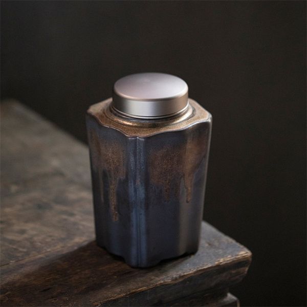 Caddies à thé en céramique de style japonais poterie grossière grande boîte rétro doré fait à la main étanche à l'humidité réservoir de stockage des aliments scellé peut