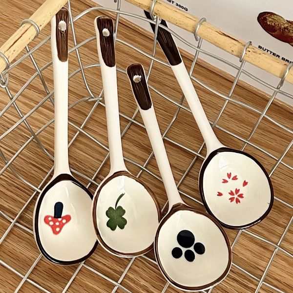 Linda cuchara de cerámica de estilo japonés para sopa doméstica, cuchara pequeña, manija larga, cabeza redonda, sopa, gachas, cuchara de cuchara