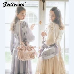 Style japonais Double face sacs à cordon doux mignon fille dames Satin arc bandoulière épaule Portable sac à main 240118