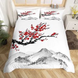 Couette de style japonais couvercle de cerisier rouge fleurs imprimées Mount Fuji peinture à l'encre noire blanc motif décor de chambre femme
