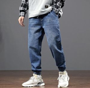 Japanse stijl mode heren jeans losse pasvorm zwart grijze kleur denim cargobroek harembroek streetwear hiphop jogger jeans