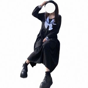Style japonais véritable uniforme scolaire JK pour dames d'été noir Lg manches marine cou arc costumes uniformes Fi plis Dres e1Oi #
