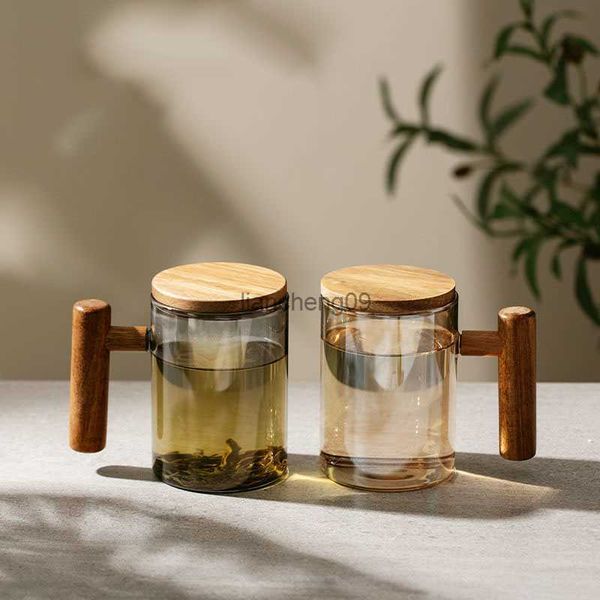 Tasse à café en verre de style japonais Tumbler Glaze Tea Milk Beer Mug avec manche en bois Tasse à eau Home Office Drinkware Bouteille d'eau L230620