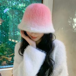 Style japonais dégradé couleur Imitation fourrure de lapin seau chapeau femmes hiver pêcheur en peluche moelleux laine bassin chapeaux 240111