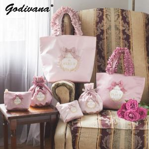 Japanse stijl handvat kanten schoudertas zoete handtassen voor dames roze trekkoordzak lolita meisjes cosmetische tas 240320