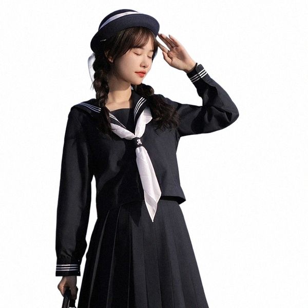 Estilo japonés Jk School Girl Marinero Uniforme Azul marino Cardigan Cosplay Traje Estudiante universitario Ropa casual pura Traje d2qb #