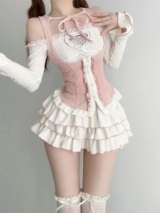 Japanse Stijl Kawaii Kleding 3 Stuk Rokken Set Vrouwen Bodycon Slanke Zelfs Party Kleding Herfst Lolita Suits Y2k Crop tops 240219