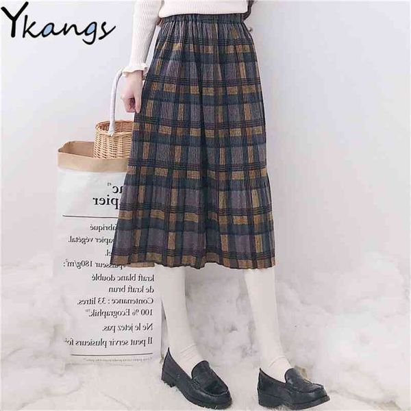 Style japonais Kawaii taille haute jupe plissée femmes hiver laine Midi Plaid femme Harajuku vert école longue 210421