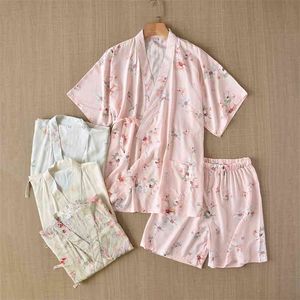 Short de style japonais Kimono Short à manches courtes Été Dames Pyjamas costume Coton Accueil Service Femmes Rose 210809