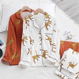 Japanse stijl dames 100% katoenen pak luipaard print lange mouwen broek pyjama's pak voorjaar herfst winter thuisdienst vrouwen 211111