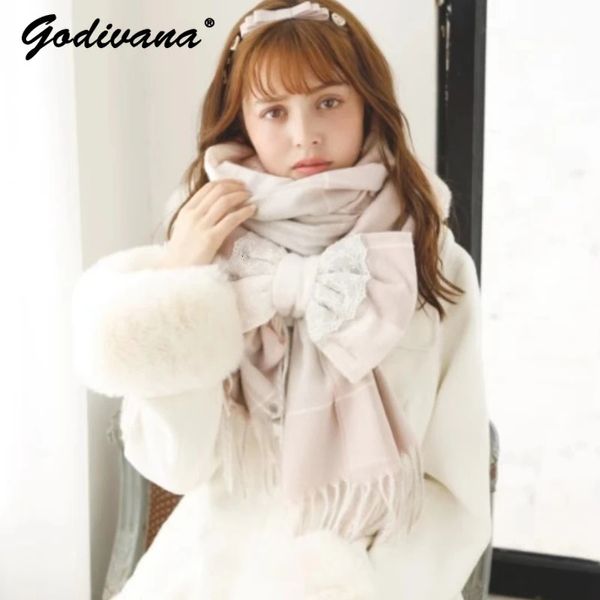 Style japonais Liz Super doux détachable arc écharpe pour les femmes automne hiver Lolita Kawaii doux filles Plaid écharpe femme 231229