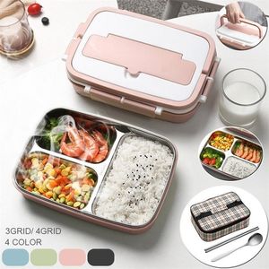 Boîte à lunch de style japonais 304 Boîte à lunch Bento en acier inoxydable avec compartiment Vaisselle Récipient alimentaire avec cuillère Baguettes Sac 201015
