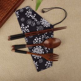 Japanse stijl draagbare servies set houten eetstokjes lepelvork met doek tas tie lijn bestek set WB387