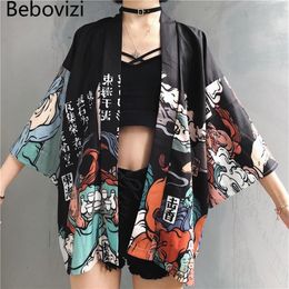 Estilo japonés estampado negro Kimono Yukata mujeres Cardigan Obi verano Cosplay camisa blusa bata mujer asiática ropa 204e