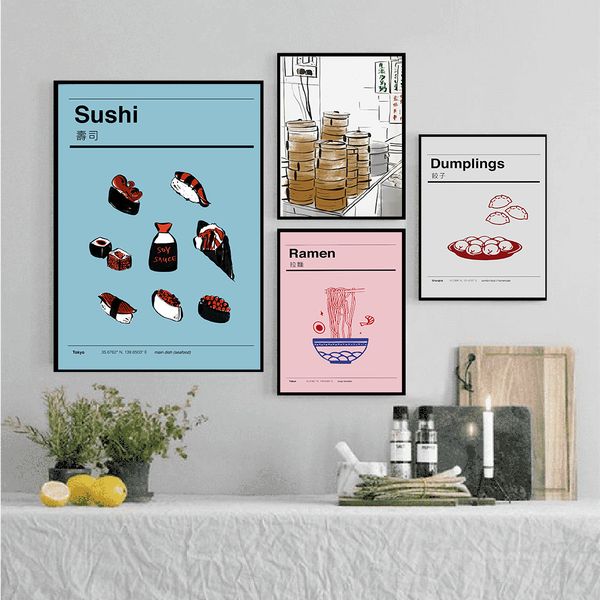 Style japonais ramen Sushi Résumé Plats de nourriture Restauration Cuisine Décor à la maison Peinture Living Art Decor Affiches Canvas Peinture