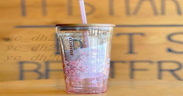 Tasses de style japonais sakura couvercle en bois tasses de paille 591ML fleur de cerisier tasses à café en verre Double couche cadeau 7930564