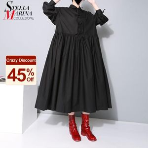 Estilo japonés sólido negro blanco mujer camisa vestido más tamaño manga larga arcos niñas casual vestido de algodón recto robe femme 1748 210309