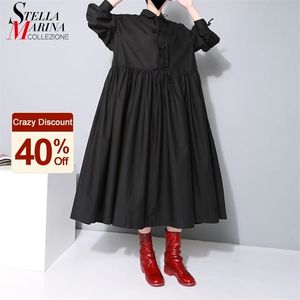 Estilo japonés sólido negro blanco mujer camisa vestido más tamaño manga larga arcos niñas casual vestido de algodón recto robe femme 1748 210409