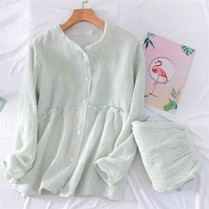 Style japonais printemps et automne dames pyjamas ensemble coton crêpe pantalon à manches longues costume de service à domicile pour les femmes 210809
