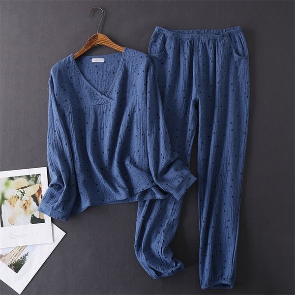 Pijama de manga larga de crepé de algodón 100% para mujer de primavera y otoño de estilo japonés, pijama cómodo para el hogar, conjunto de pijama para mujer 220329