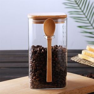 Japanse stijl vierkant glas afgesloten opbergpot met houten lepel kruidenkast koffieboon blikken huishoudelijke melkpoeder thee blikjes 220719