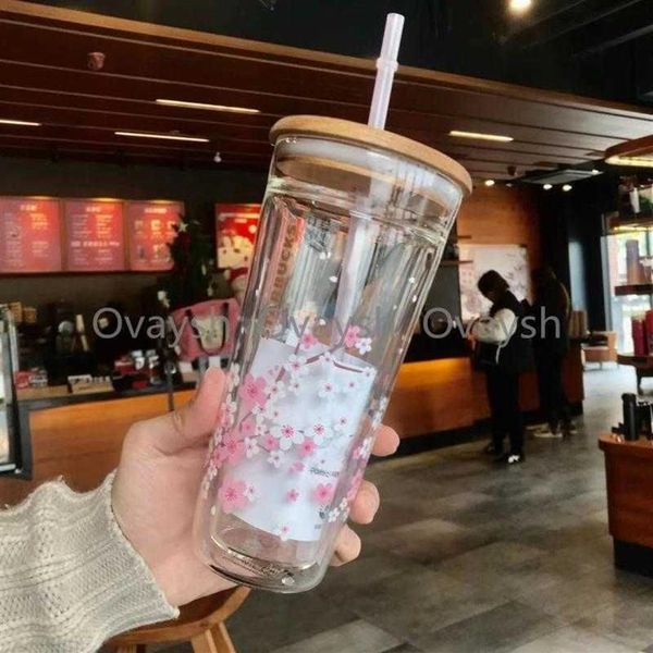 Style japonais Starbucks Sakura Gobelets en bois Couverture en verre Tasse de paille 591ML Fleur de cerisier Double couche coffeeY80YY80Y249z