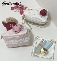 Style japonais fraise rose petite fleur maquillage stockage main tenant cadeau sacs de mariage forme de gâteau fille femmes sacs cosmétiques 240309