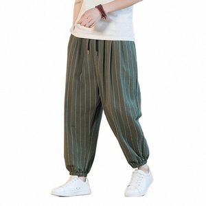 Style japonais Stripe Summer Cott Lin Harem Pantalon Hommes Streetwear Pantalon de plage respirant Homme Casual Pantalon de longueur mollet W7BV #