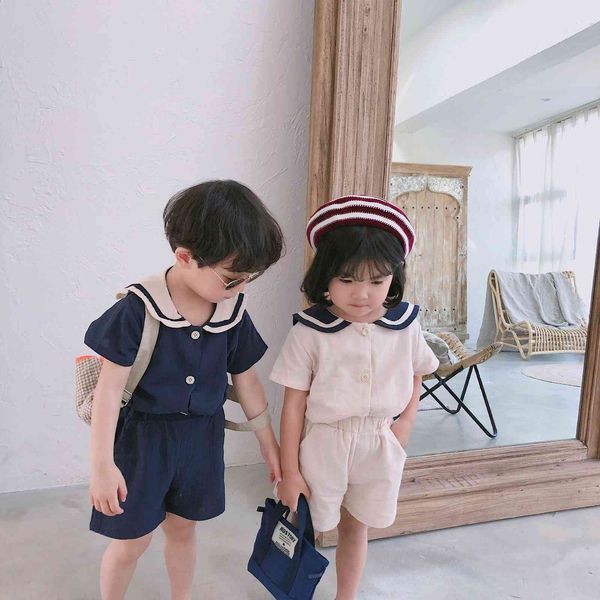 Style japonais été garçons filles mode maternelle vêtements ensembles enfants coton lin doux col marin T-shirt et short 2pcs 210508