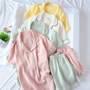 Japanse-stijl zomer dames katoen dubbellaags crêpe gaas korte mouwen shorts pyjama pak grote maat Home Service Dames 220329