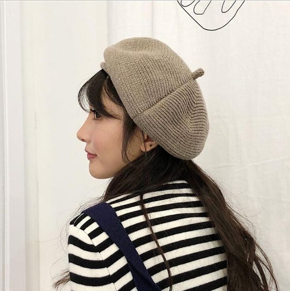 Style japonais fil tricoté chapeau 7 couleur femmes béret solide bonnet extensible chapeau plat élégant Trilby casquettes hiver chaud chapeaux en plein air livraison gratuite