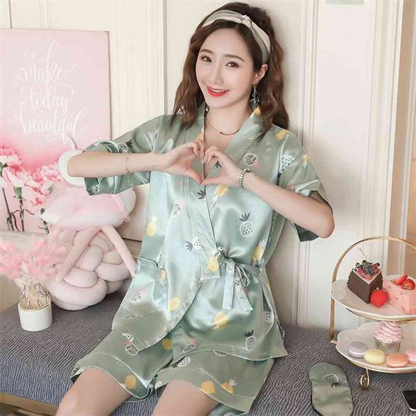 Femmes de style japonais simples kimono pyjamas été soie à manches courtes étudiants vêtements de maison deux pièces pyjama ensemble shorts vêtements de nuit 210901