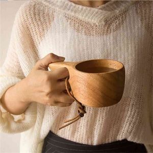 Taza de café de madera de estilo japonés Tazas de leche de té de madera de caucho portátil Tazas para beber Drinkware Jugo hecho a mano Taza de té de limón Regalo 210804