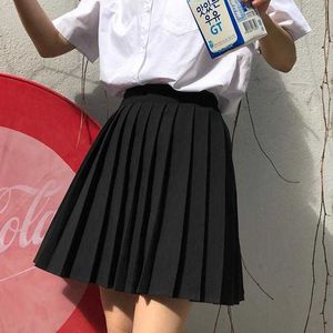Japonais été femmes jupes coréen taille haute couleur Pure Mini kawaii école filles Sexy mignon fermeture éclair plissé 210608