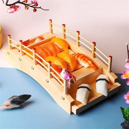 Arco de barco de madera de sushi japonés Sushi Bridge Boats plato de sashimi cocinar hielo seco Dragon Boat Platter 240304