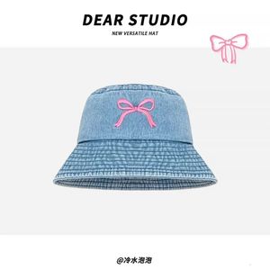 Japonais arc doux brodé de tonneaux denim en denim Femme Summer Travel Protection solaire Salle Visage Visage Petit Caps de bassin mignon 240415