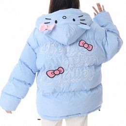 Japonais doux mignon chat lettre broderie Parkas manteau étudiants adolescents Carto veste à capuche épaissir Cott chaud vêtements d'hiver J9Bk #